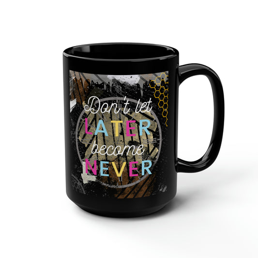 Taza negra posterior BC Never Complex, 15 oz