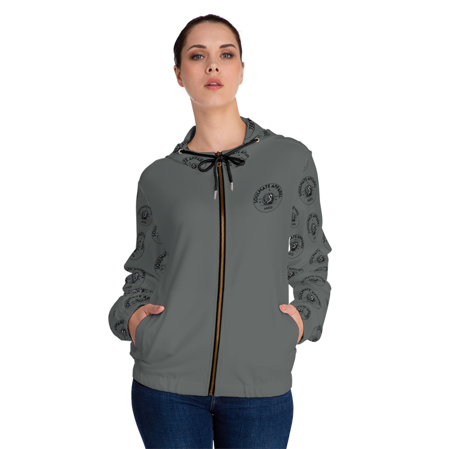 Soulmate Apparel Tanuki Black Text Grey Women’s Full-Zip Hoodie