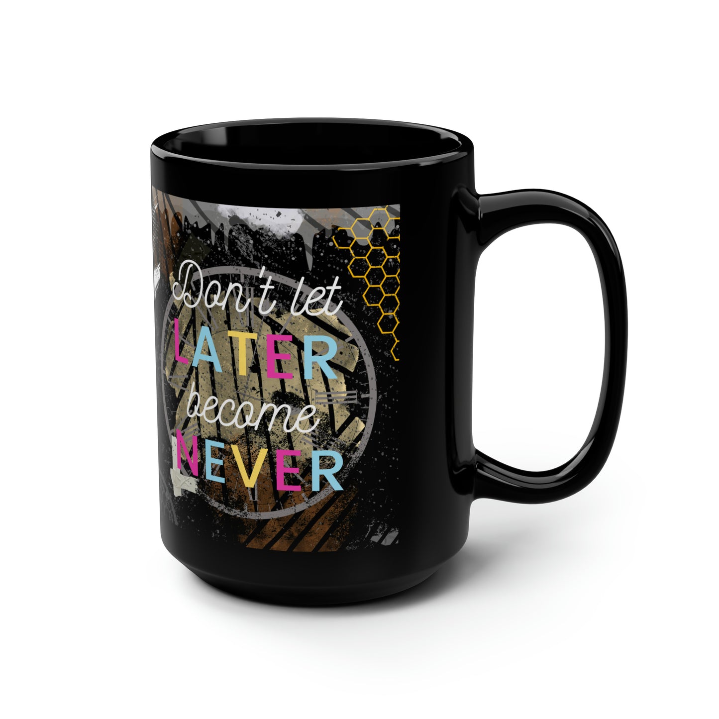 Taza negra posterior BC Never Complex, 15 oz