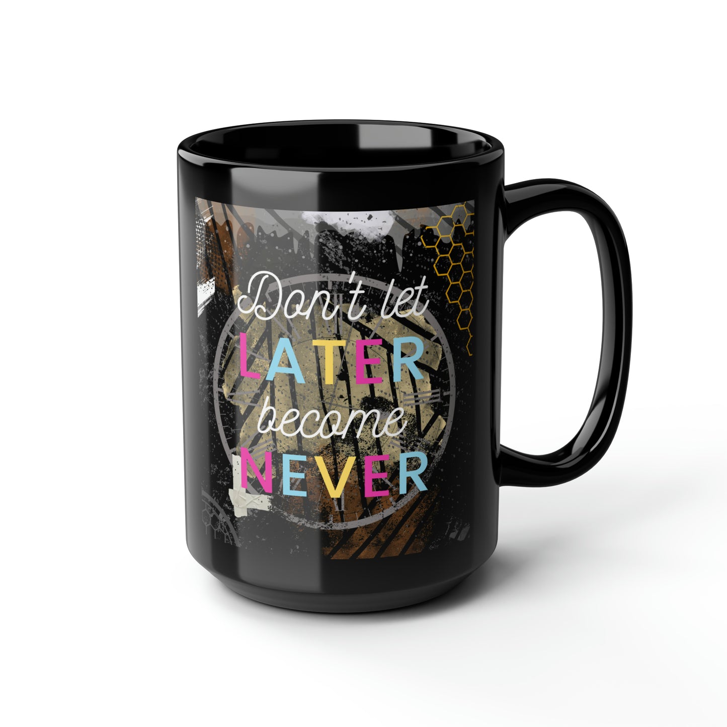 Taza negra posterior BC Never Complex, 15 oz