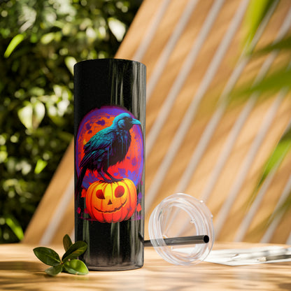 Fall Pumpkin Bird Un vaso delgado con pajita, 20 oz